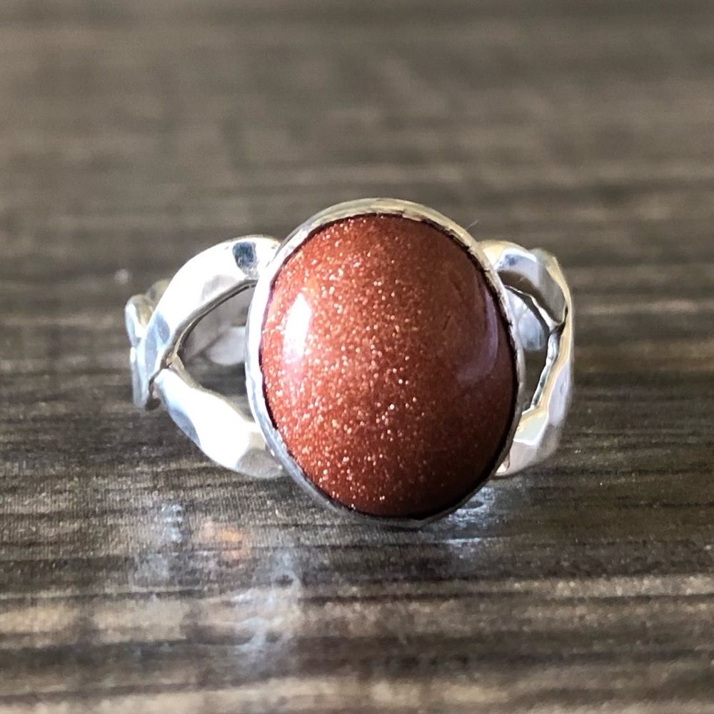 Sterling Silver Ring Goldstone Braided 925 Handmade Size 6.5 Hammered Boho